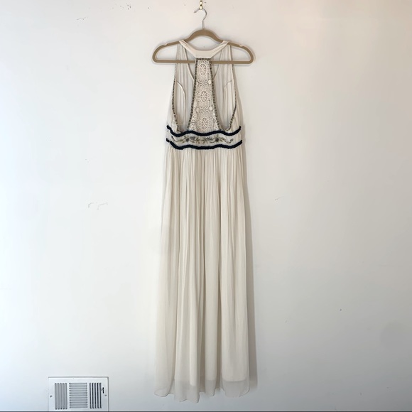 Free People Ruched Chiffon Hand Embroidered Maxi Dress in Color Creme - Picture 7 of 12